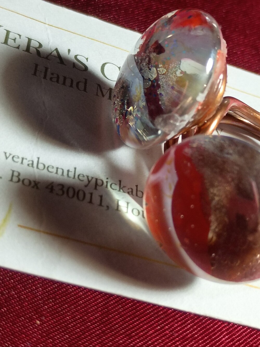 Artisan Red Glass Dome Ring with Gold Accents